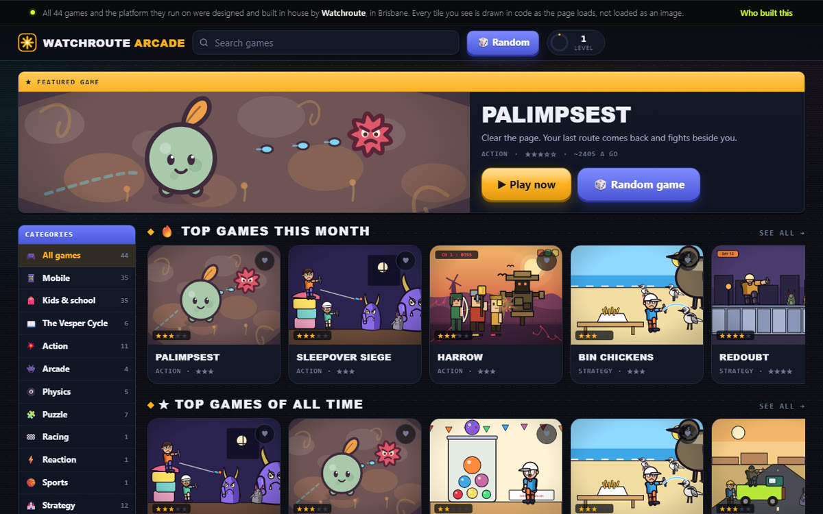 The Watchroute Arcade home page: a featured game called Palimpsest, a category list, and rows of illustrated game tiles.