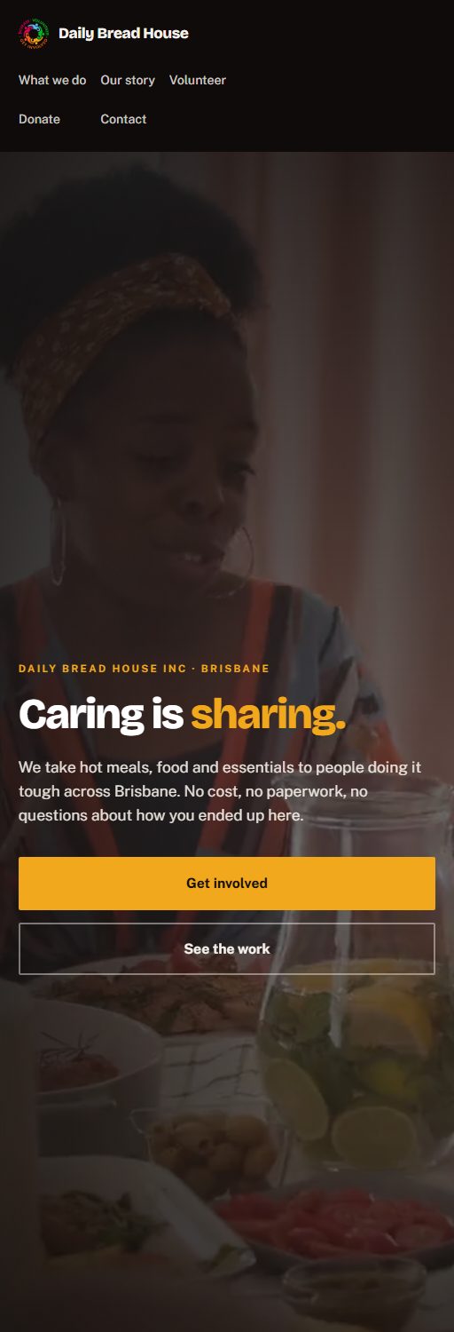 The rebuilt Daily Bread House site on the same narrow screen. The full menu, the headline, the description and both buttons all fit, with nothing cut off.