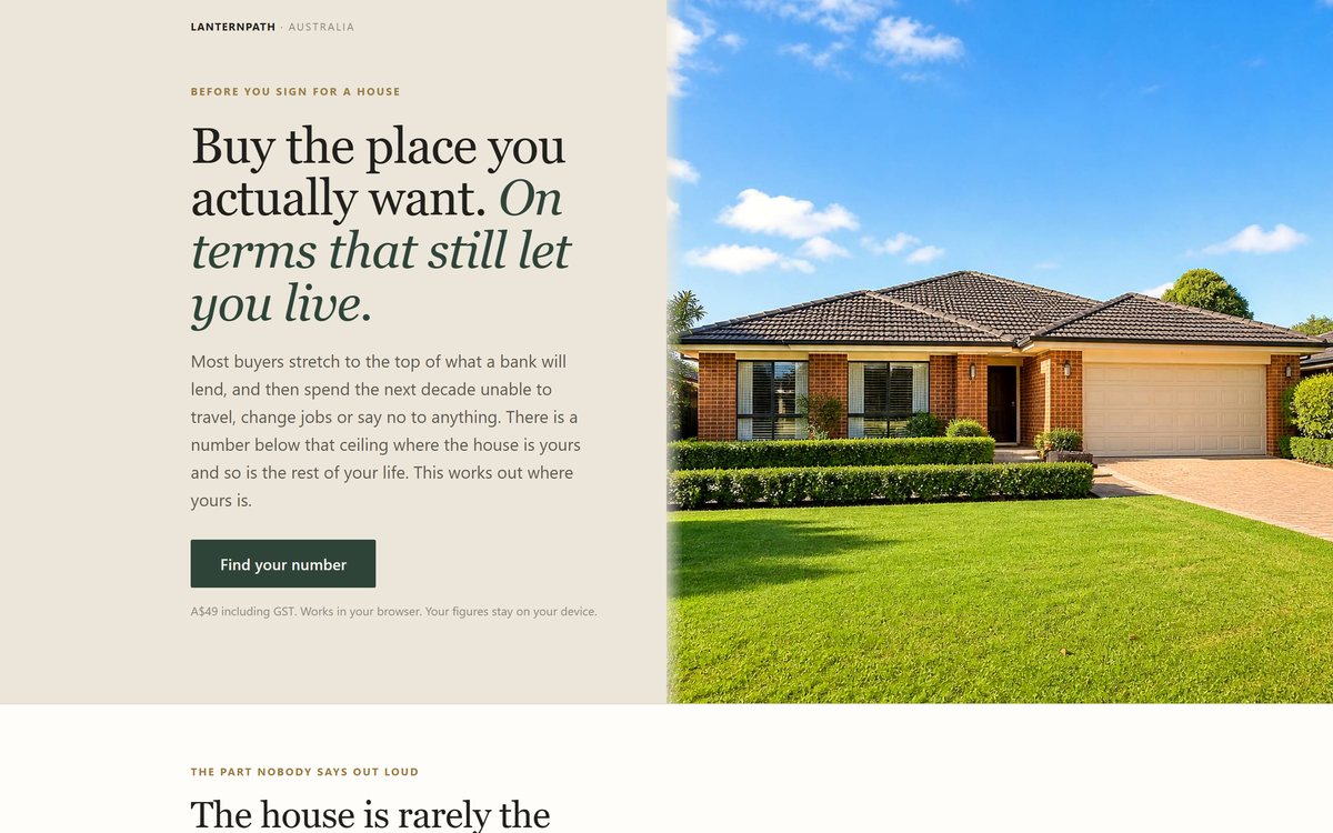 A split hero landing page with a serif headline and a photograph.