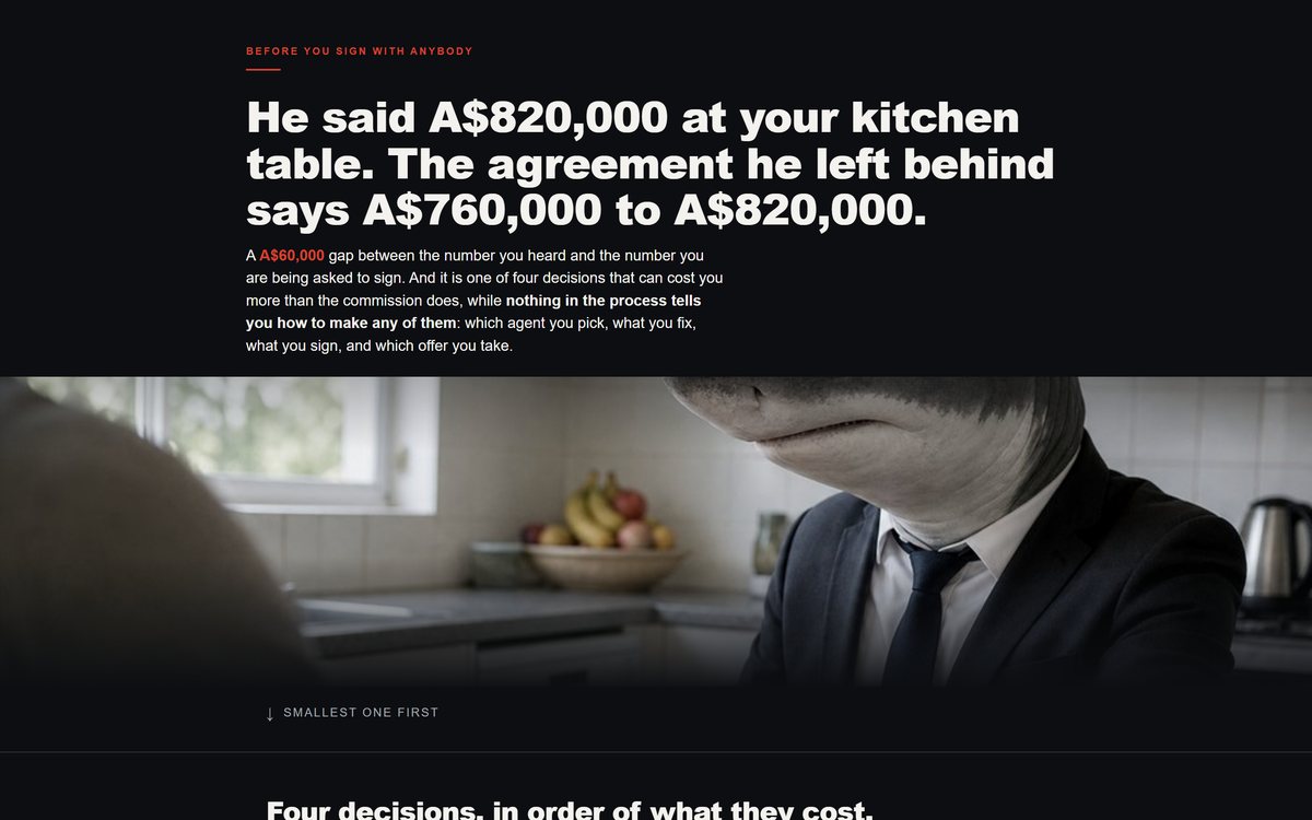 A dark landing page with a headline over a photograph.
