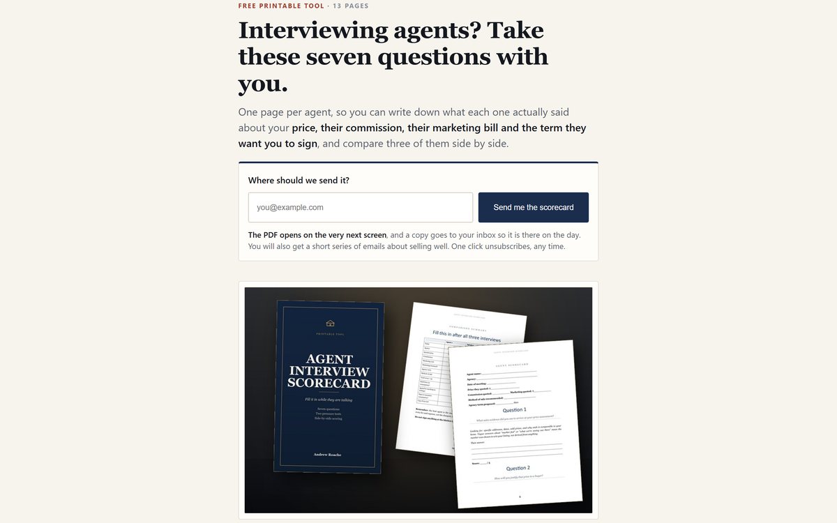 A lead capture page: a single email field and a send button above a photograph of the printed scorecard document.