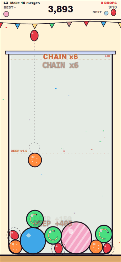 Lolly Jar in play: a chain of six merges, with lollies stacked in the bottom of a tall jar